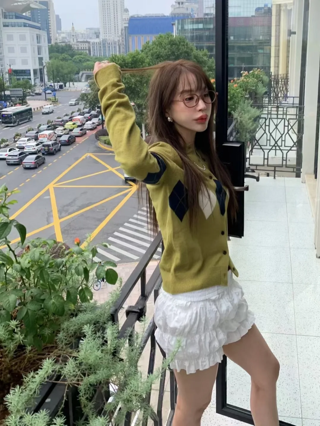 Maglione lavorato a maglia casual coreano Sle inizio autunno Cappotto cardigan aperto con motivo a rombi a contrasto di colore da donna