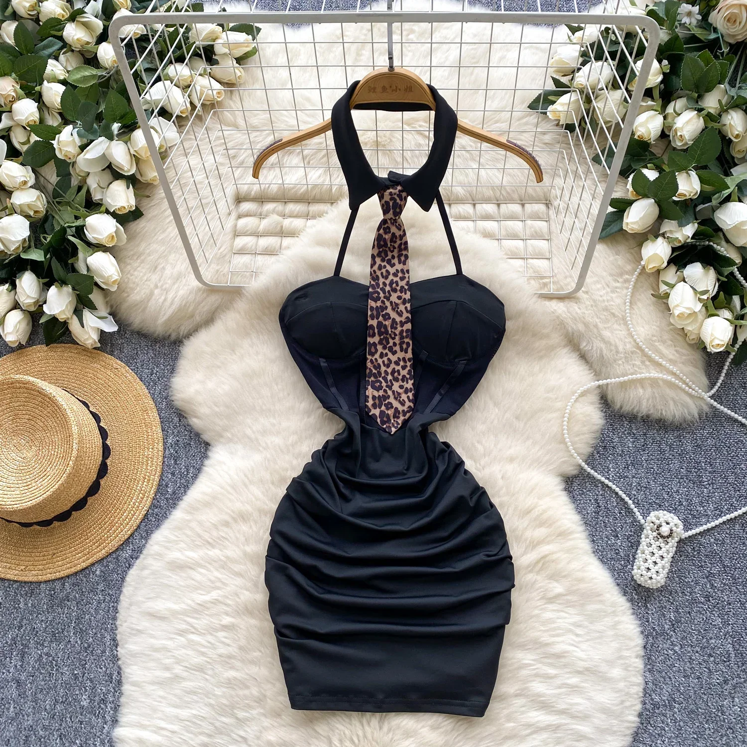 

Halter Cosplay Backless Dress New Female Lapel Sleeveless Ruched Black Leopard Tie Sexy MIni Night Dress