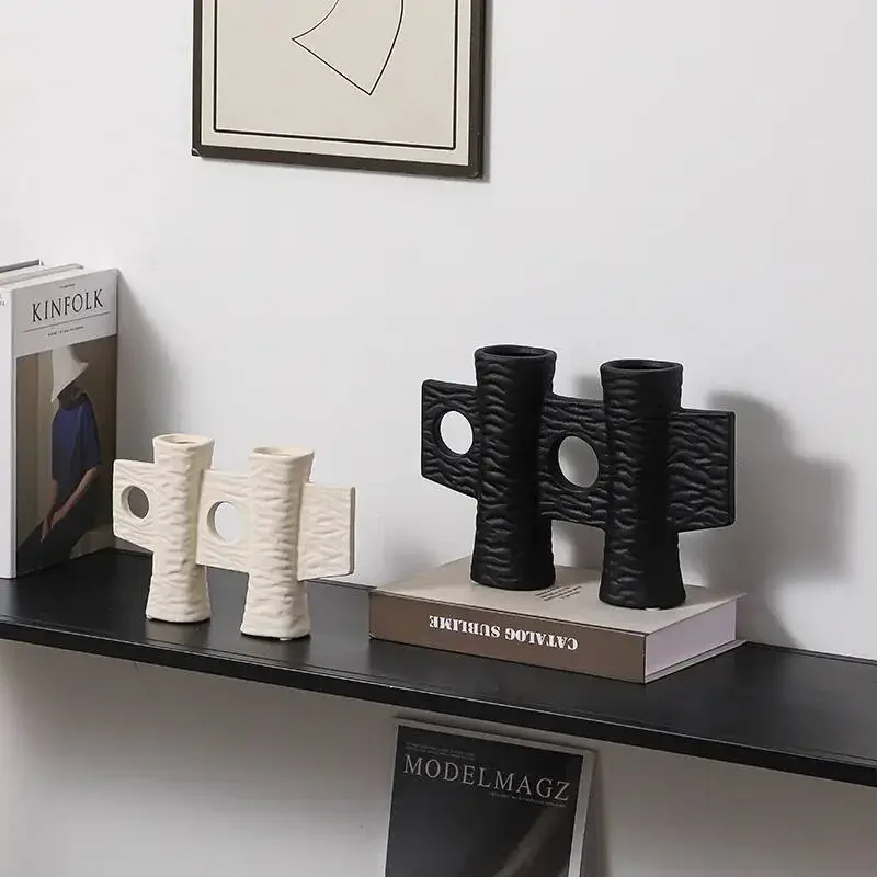 Black Art Ornaments Geometric Cross-shaped Hollowed Design Flower Arrangement Accessories Ceramic Handicrafts Home Decoraction