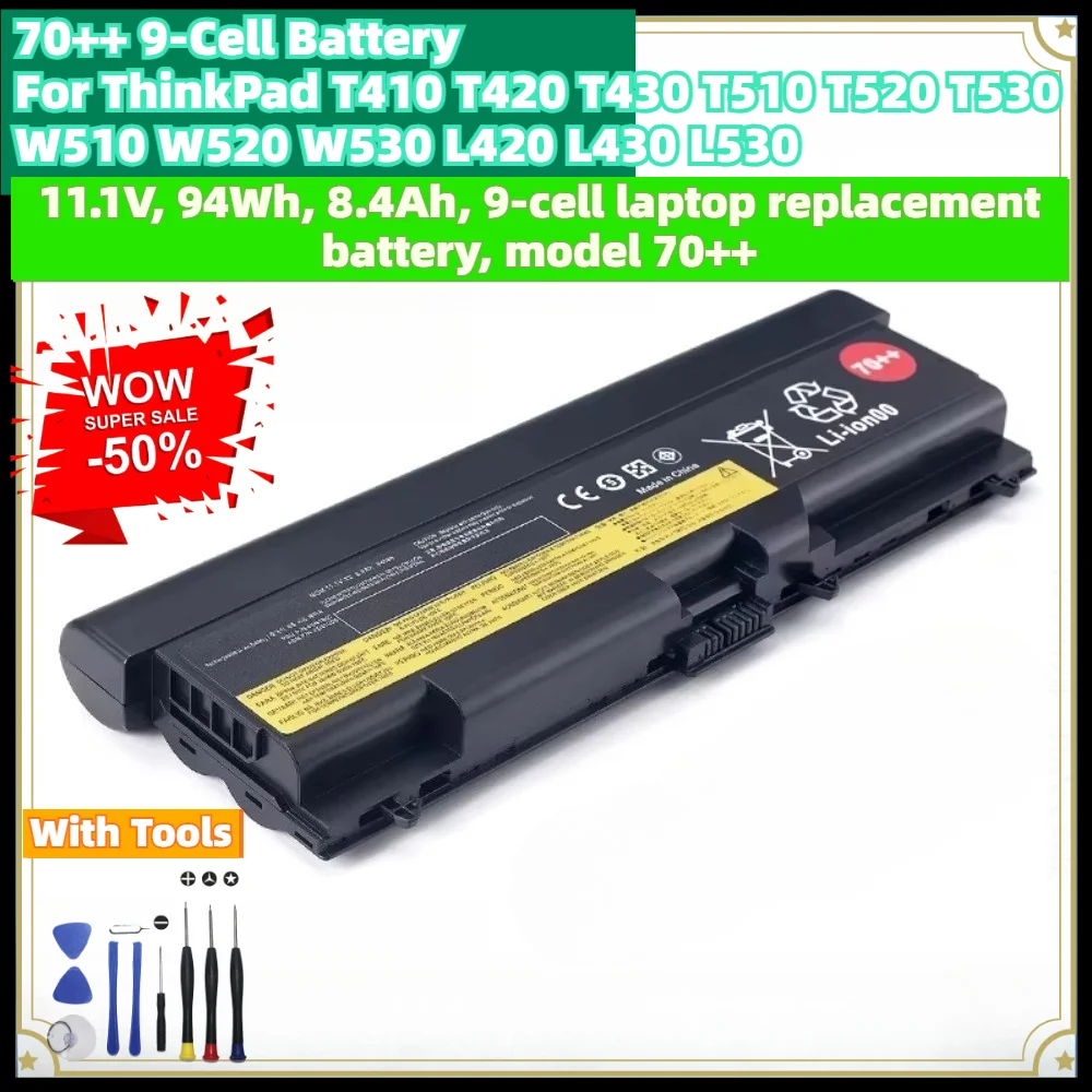 11.1V 94Wh 8.4Ah 9-Cell Replacement Battery 70++ for Lenovo ThinkPad T410 T420 T430 T530 W530 L430 L530 L412 T530i W510 Laptop