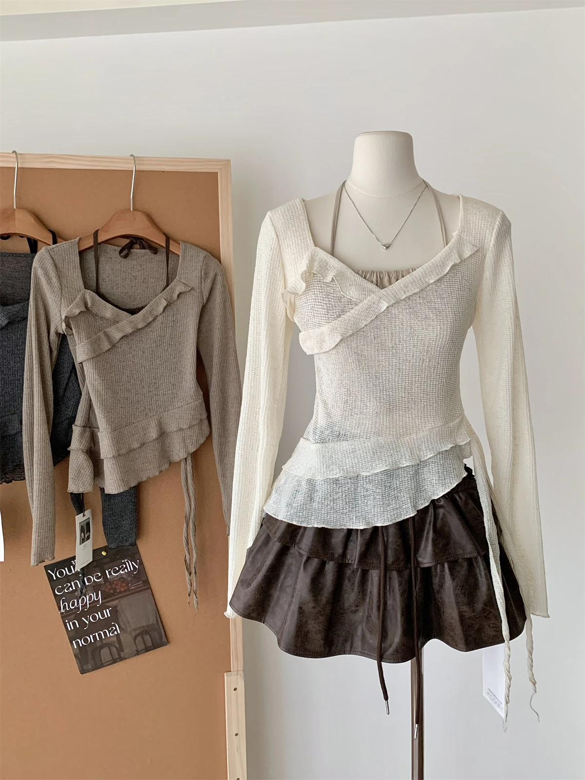 Jesień Zima Kobiety Projekt Coquette Fałszywe Dwuczęściowe Koszulki Gyaru Koszulki Długi Rękaw Goblin Core Knit Crop Tops 2000s Y2k Chic