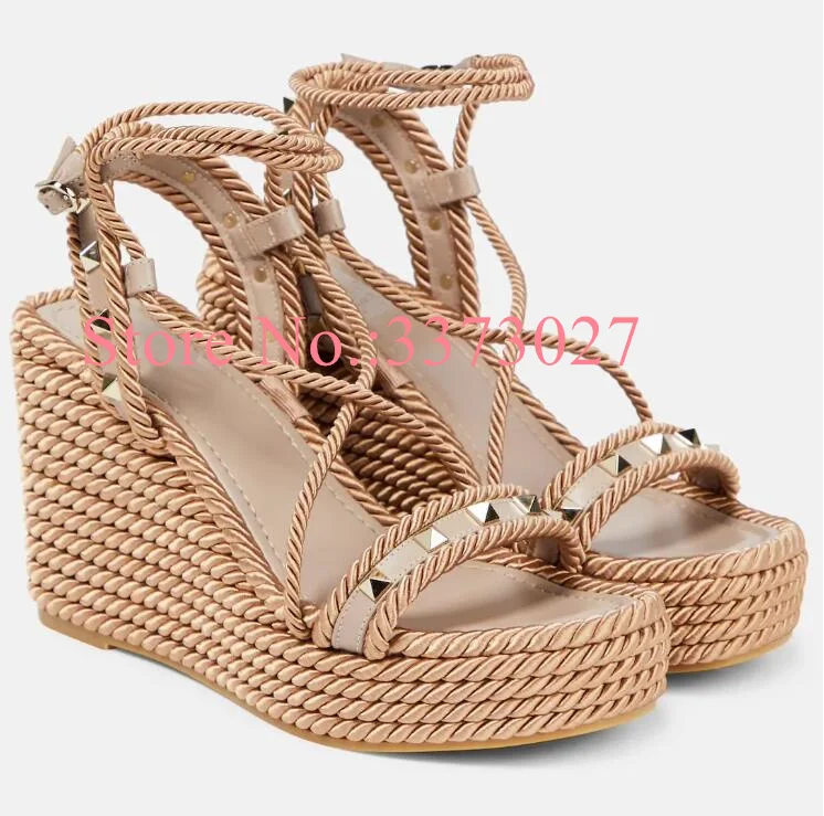 Pink Color Ropes Lady Sandals New Design Mixed Color Rivets Wedge Shoes Woman Fashion Spikes Platform Sandals Dropship