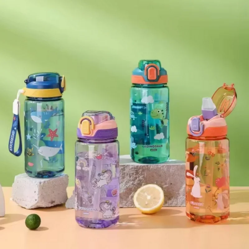 600ml Water Bottle With Silicone Straw, Portable Leakproof Bpa-free Dinosaur Rabbit Kids Cup Outdoor Camping Traveling Bottle