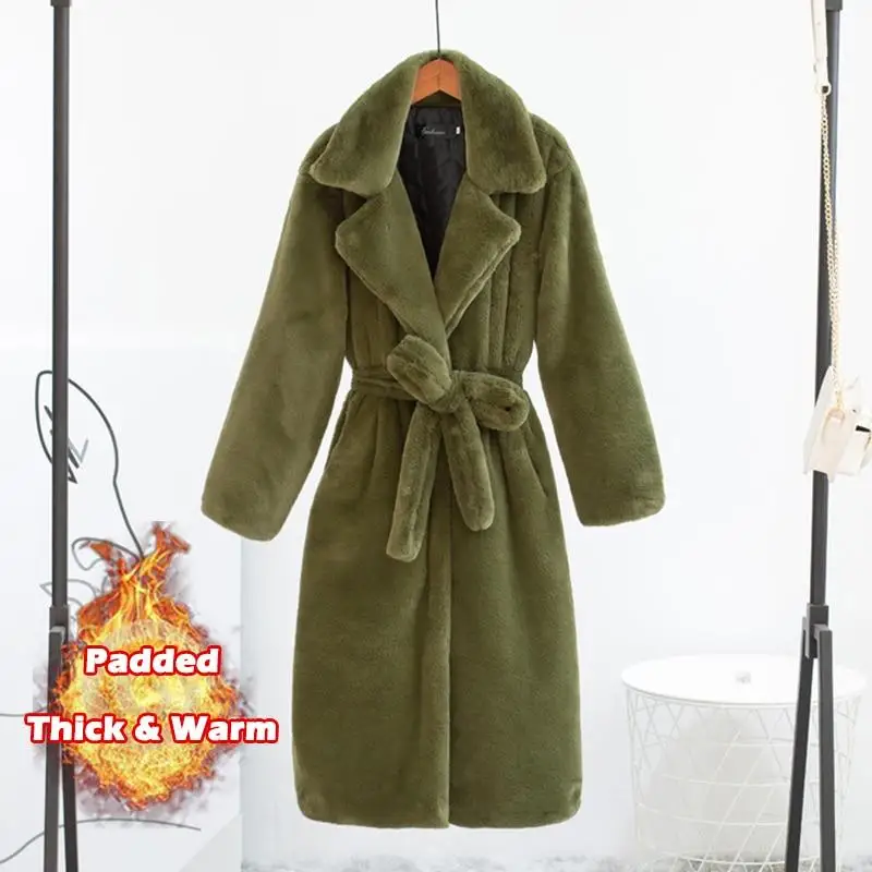 Women Winter Warm Faux Fur Coat Thick Women Long Coat Turn Down Collar Women Warm Coat With Belt Casaco Feminino