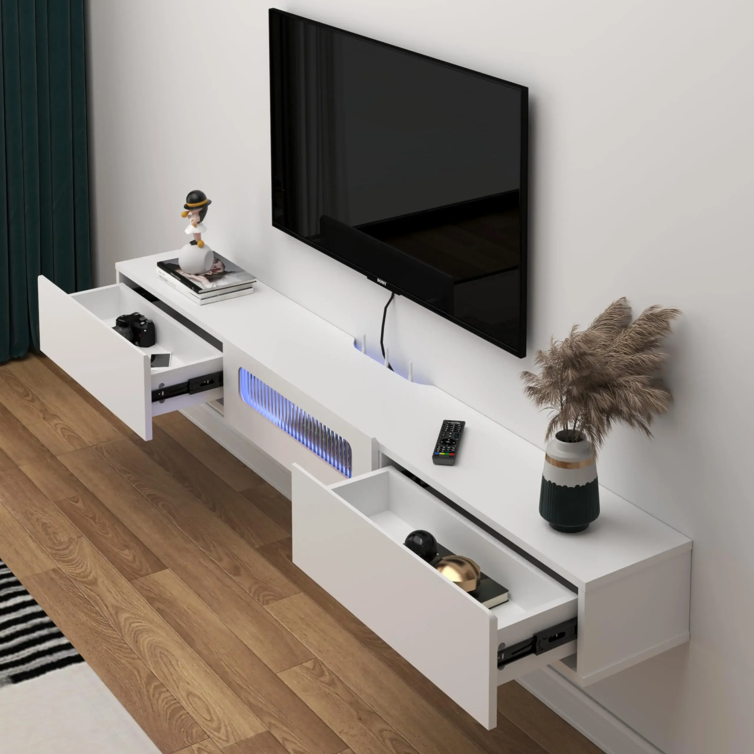 

Floating TV Stand With LED Lights 71'' Wall Mounted TV Cabinet With Glass Door Media Console Center Large Storage Shelf