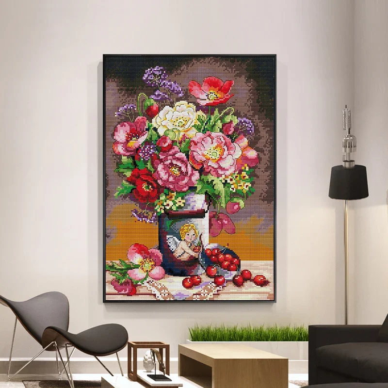Cupid's Flower DIY Handmade Cross Stitch Floral pattern Needlework Aida 11CT 14CT Canvas Printed Fabric Kit Home Decoration Gift