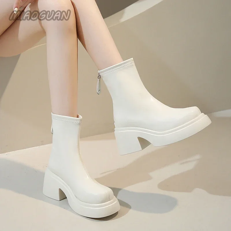 Thick Bottom Ankle Boots for Women Spring Autumn Fashion Black White Women\'s Shoes Chunky High Heels Round Head Short Botines