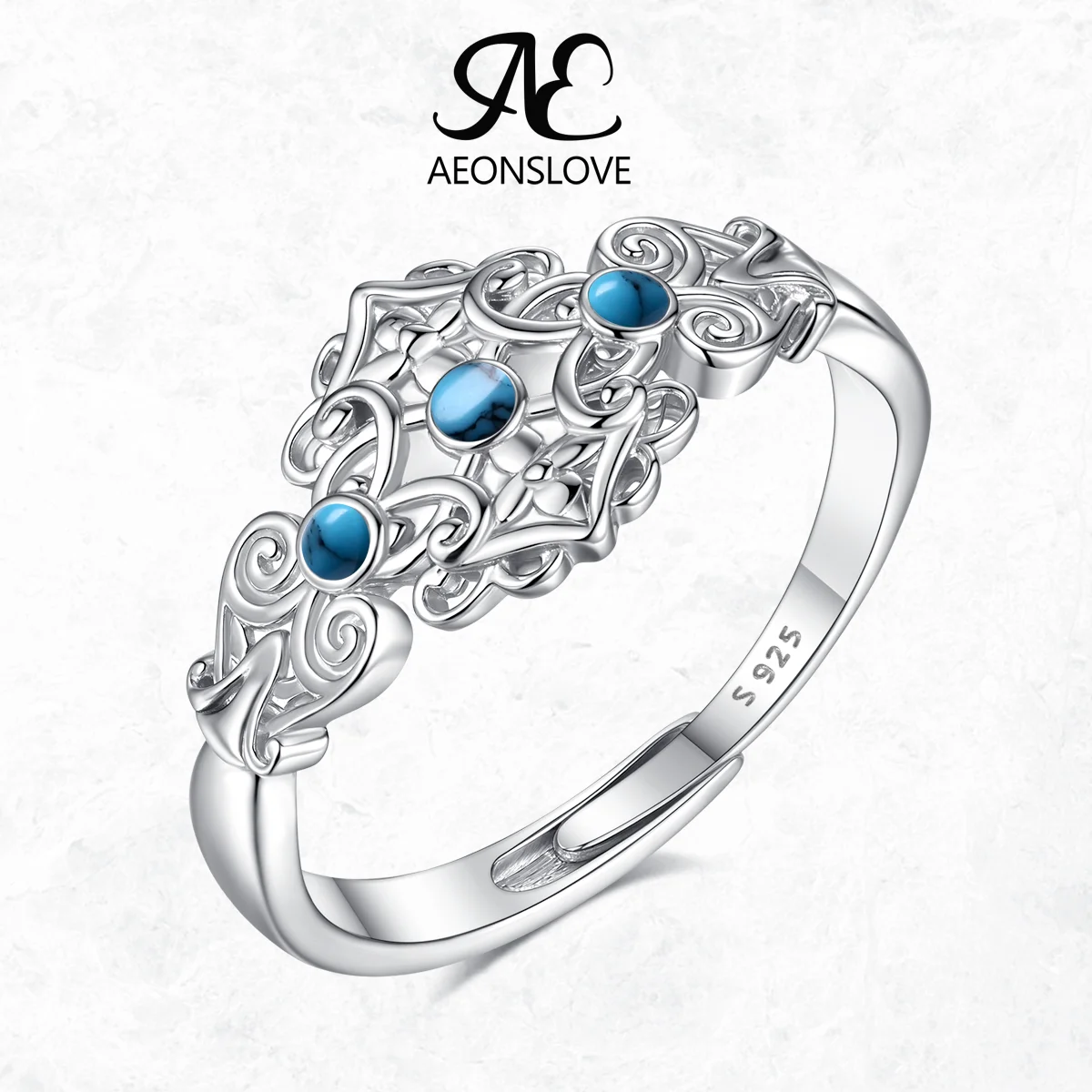 

AEONSLOVE S925 Sterling Silver Turquoise Adjustable Ring Vintage Celtic Vine Filigree Ring Spiritual Jewelry Gift for Women Men