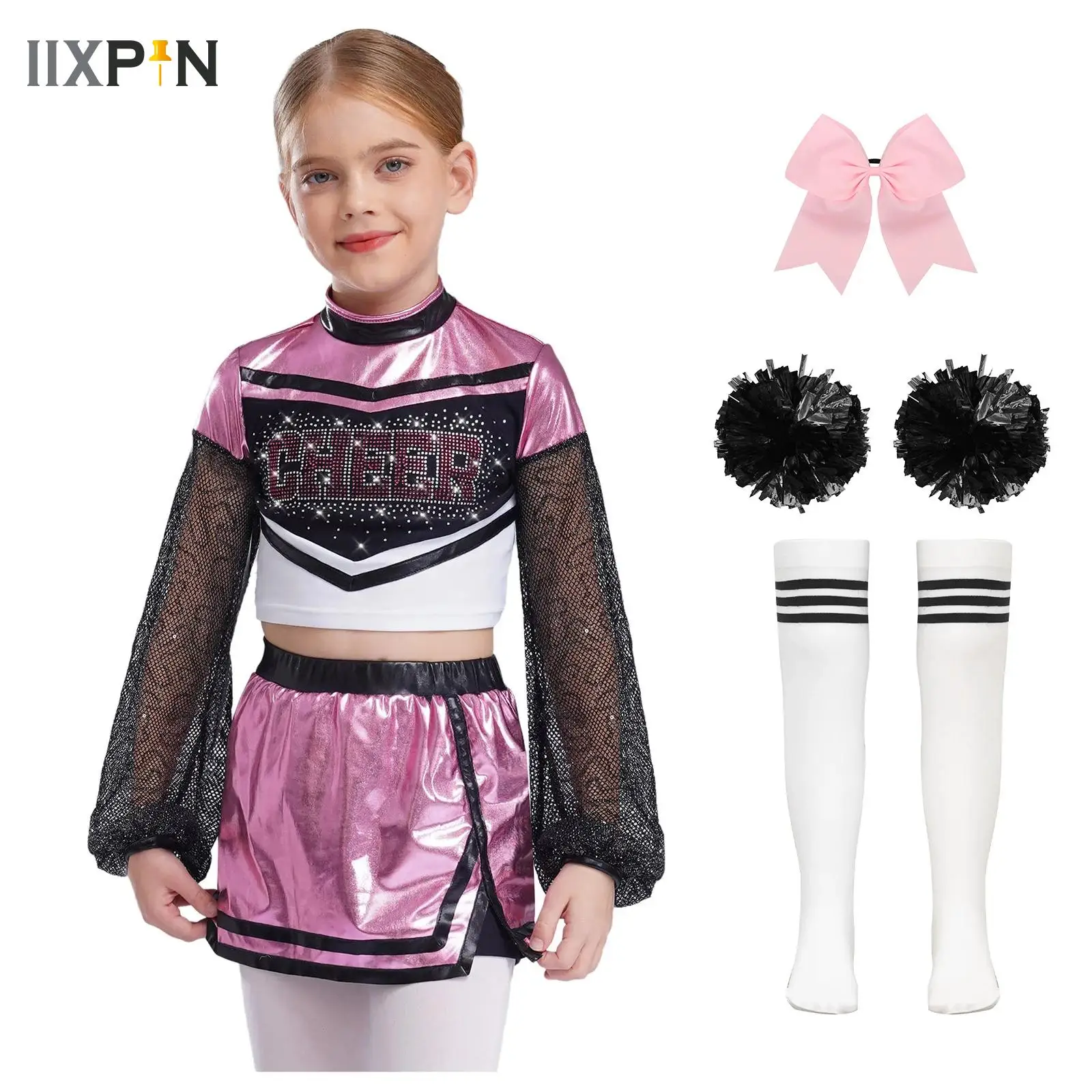 

Kids Child Cheerleader Cosplay Costume Cheerleading Uniform Outfit Sequins Crop Top Skirt with Socks School Girls Dancewear Sets