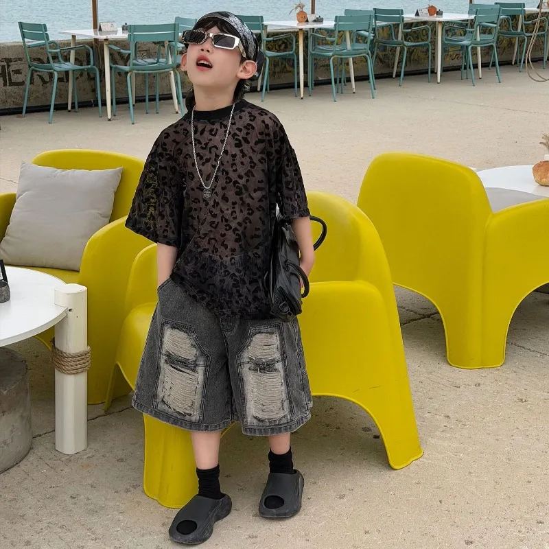 

Boys T-shirt 2026 Summer New Korean Version of Children's Leopard Print Breathable Trend Pullover Short-sleeved Top
