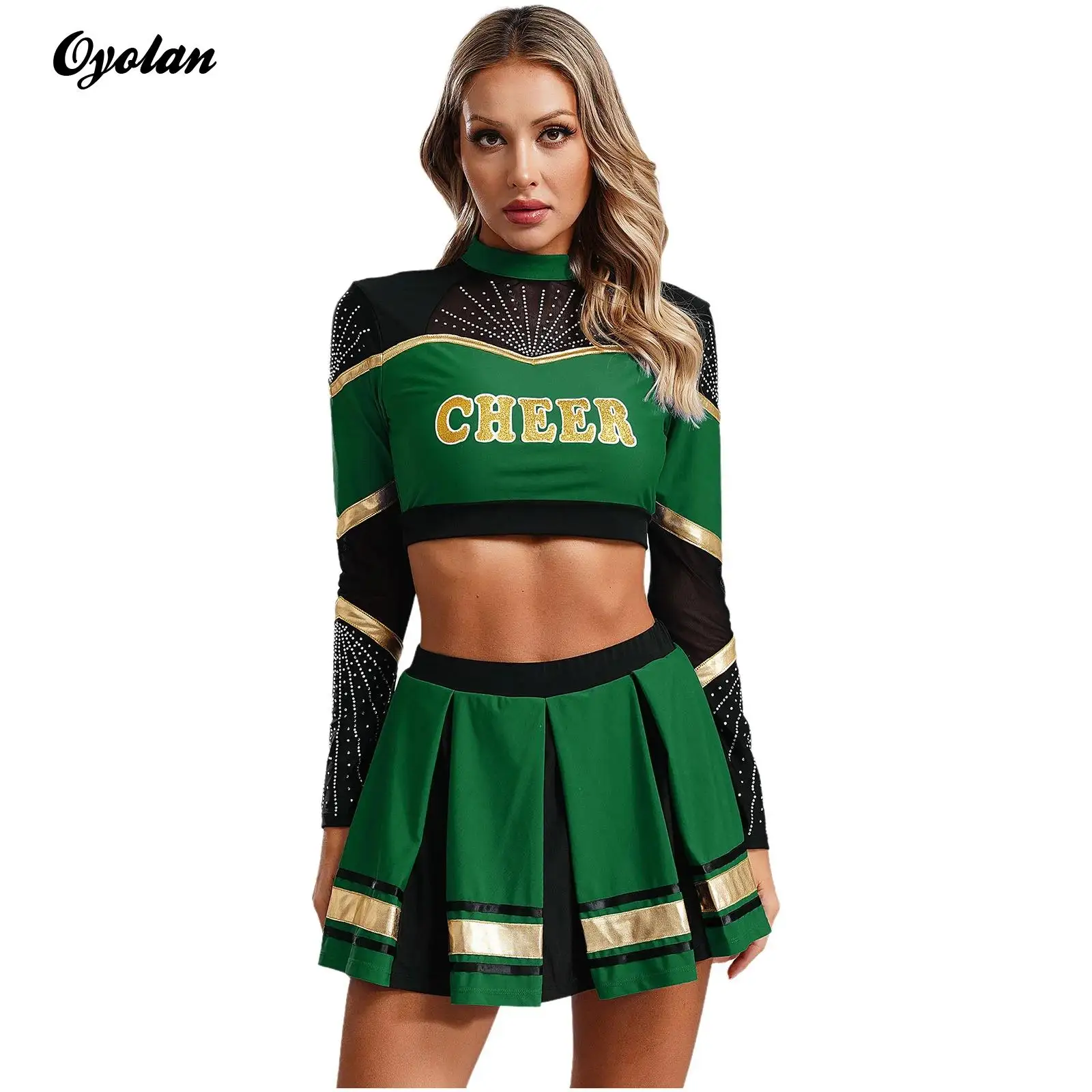 Womens Cheerleading Uniform Cheer Dance Outfit School Girls Cosplay Costume Long Sleeve Sequins Crop Top with Pleated Skirt Set