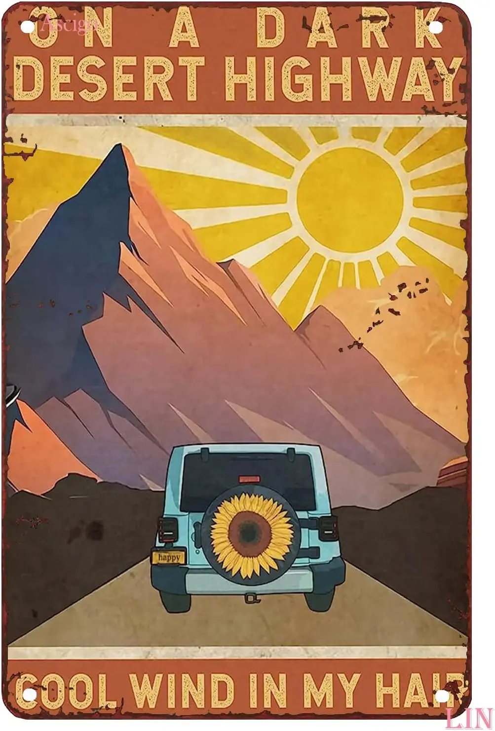 Vintage Signs For Kitchen Hippie Car Poster Sunflower Summer Time Camping Travel On A Dark Desert Highwa