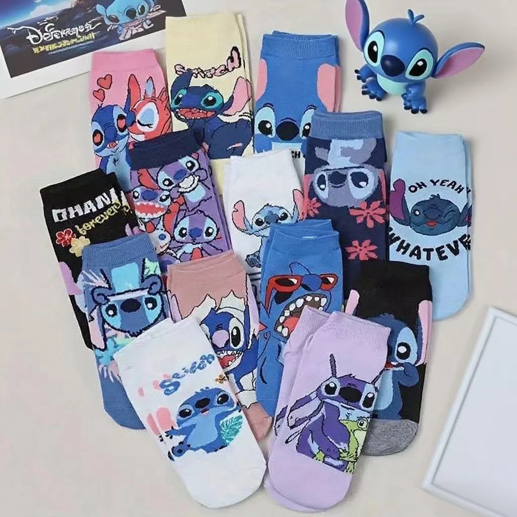 

10 Pairs Of Spring And Summer Women's Disney Cute Anime Cartoon Stitch Versatile, Comfortable, Breathable Straight Leg Socks