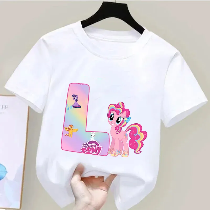 

New My Little Ponys T-Shirt Cute Cartoon Clothes A-Z Letter Print Sweet Basic Casual Tops Absorbent White Shirts Birthday Gift