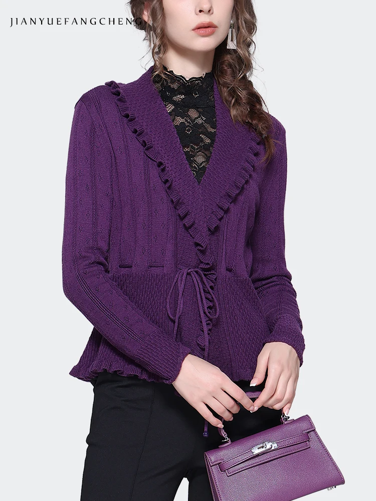 Fashion Women Purple Knitted Sweater Cardigan V-Neck Short Slim Drawstring Wool Tops Casual 2023 Autumn Winter Outwears