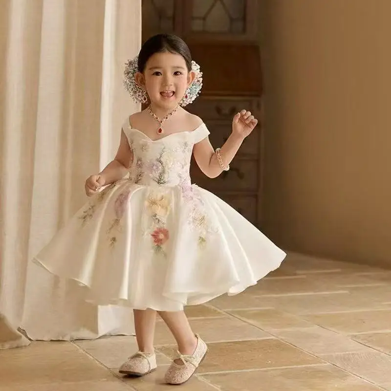 

2025 Hot Selling Girls' New Sweet and Cute One Shoulder Neckline Cinched Waist Large Printed Dress