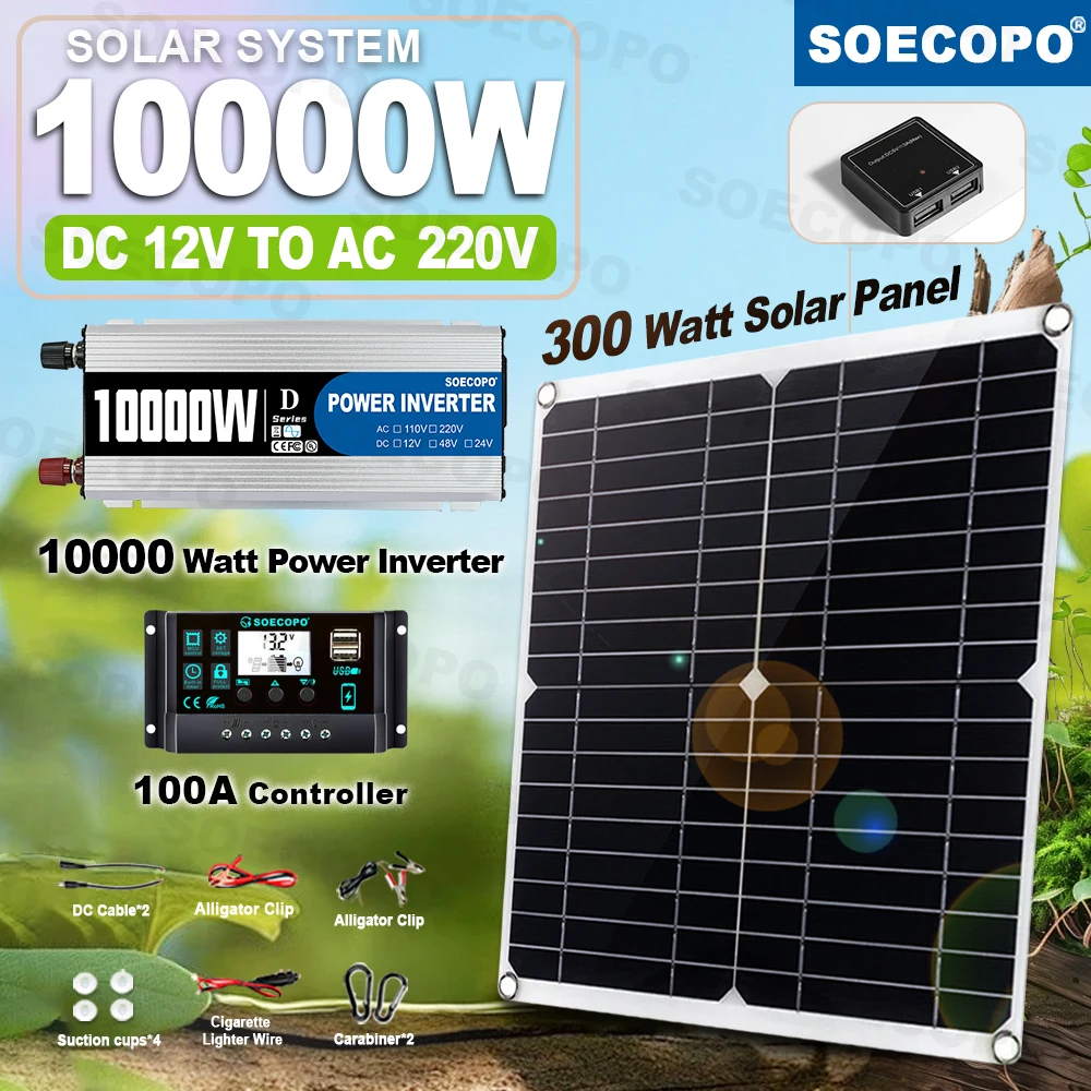 

10000W Off-Grid Solar Power Kit 220V Inverter Controller 300W Panel Complete Home/RV/Camping Backup System Emergency Generator