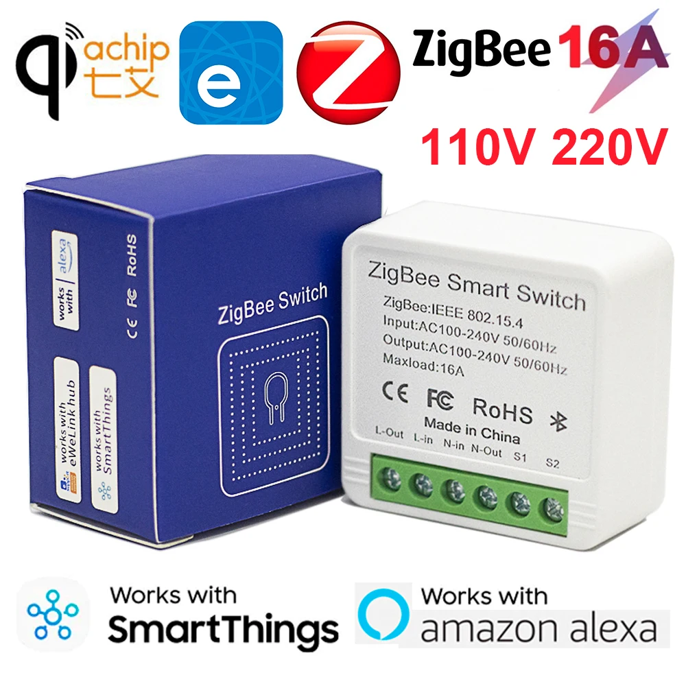 Умный мини-переключатель Zigbee, беспроводная лампа с поддержкой Wi-Fi, 16 А, работает с умным домом