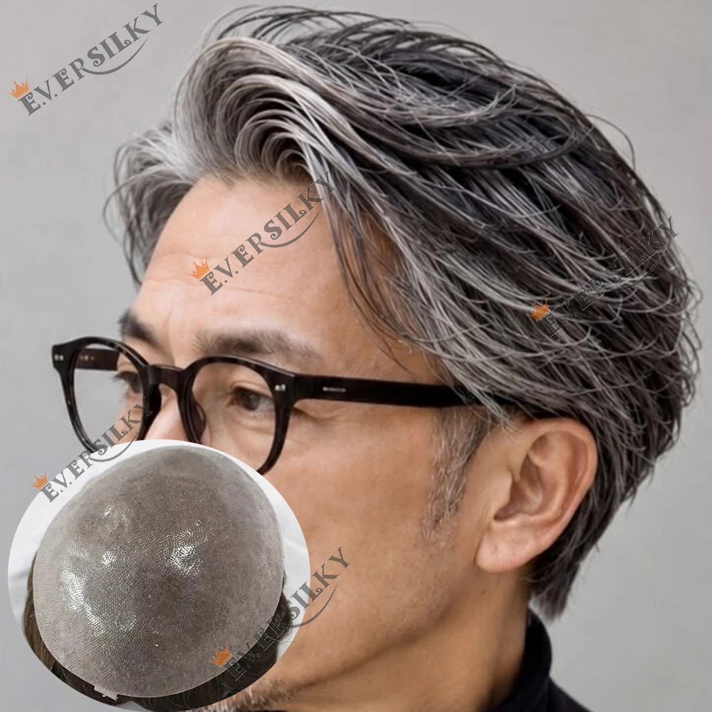 Unsichtbare Knoten 0,06mm Dünne Haut V-Loop Herrenperücke Natürliches Echthaar Toupet für Männer Langlebiges Grau-Blondes Haarsystem Kapillarprothese – Detail 2