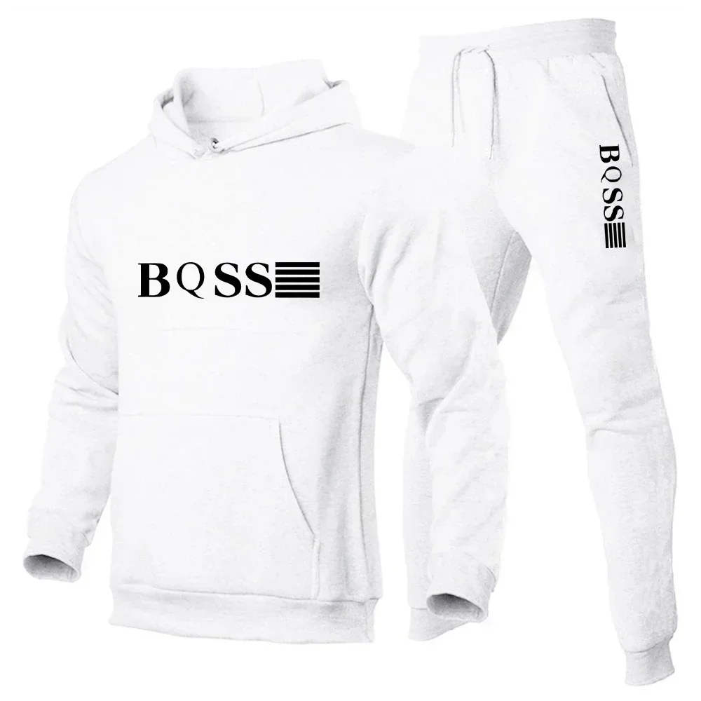 เสื้อสเวตเชิ้ตมีฮู้ดแฟชั่นสปอร์ตสำหรับผู้ชาย + กางเกงชุดสองชิ้นสำหรับการวิ่งในฤดูใบไม้ร่วงและฤดูหนาว ชุดกีฬาลำลองและฟิตเนส