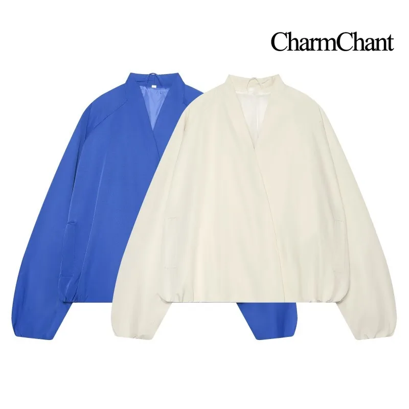CHARMCHANT Women's Batwing Sleeve Wrap Bomber Coat V Neck Oversized Cropped Loose Outerwear Pockets Casual Winter 2026