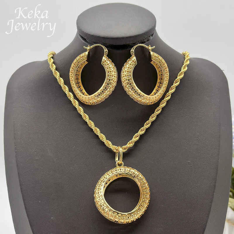 Gold Plated Jewelry Set Woman America 18k Delicacy Necklace Pendant Earrings Sets Dubai Indian Women Wedding Party Accessories