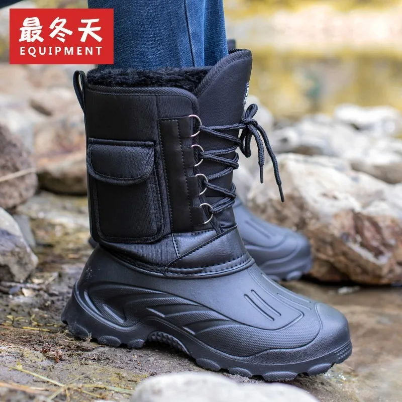 

Men's Mid-calf Rain Boots Outdoor Non Slip Waterproof Fishing Boots Winter Plush Warm Snow Boot Plush Cotton Rain Boots for Men