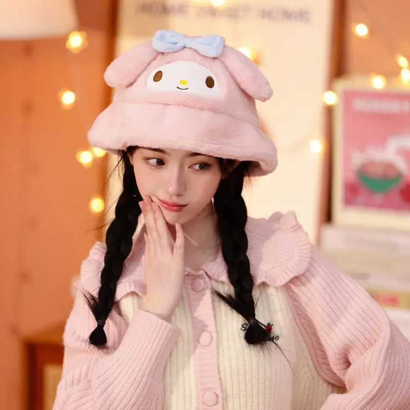 Kawaii Anime Winter Pochacco Kuromi My Melody Cinnamoroll Warm Plush Fisherman Hat Cute Cartoon Ear Protection Hat for Girls