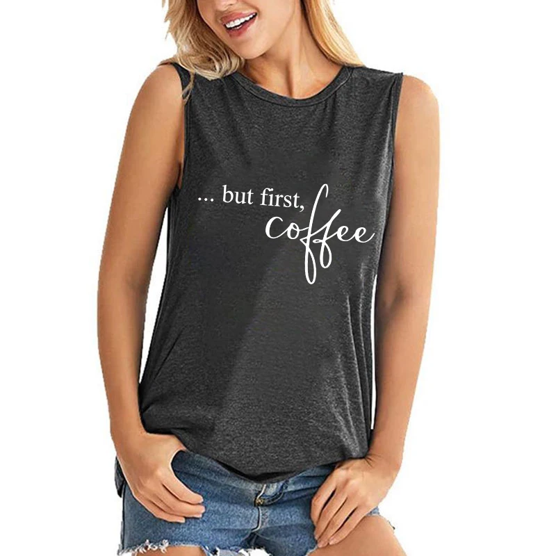 

Womens Summer Clothing Tank Tops Casual Sleeveless But First Coffee Fashion Off Shoulder Loose Blouse