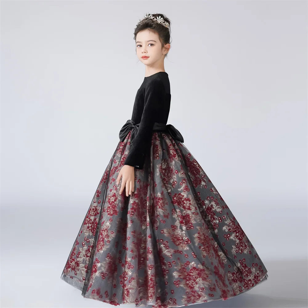 Dideyttawl Customized Flower Girls Dress For Party Long Sleeves Formal Pageant Gown Vintage Velvet Long Sleeve O-Neck Junior