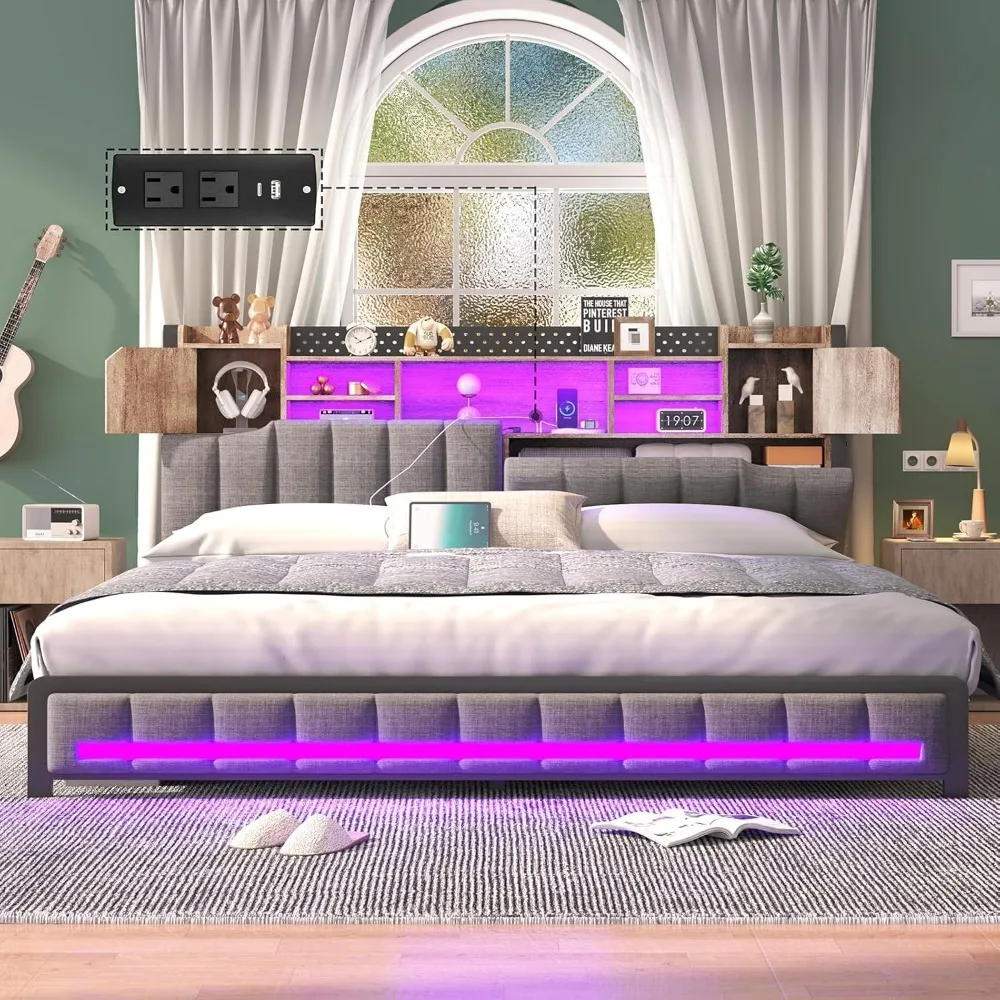

King size bed frame and bookshelf storage headboard, LED cushioned bed frame, king size bed with charging station