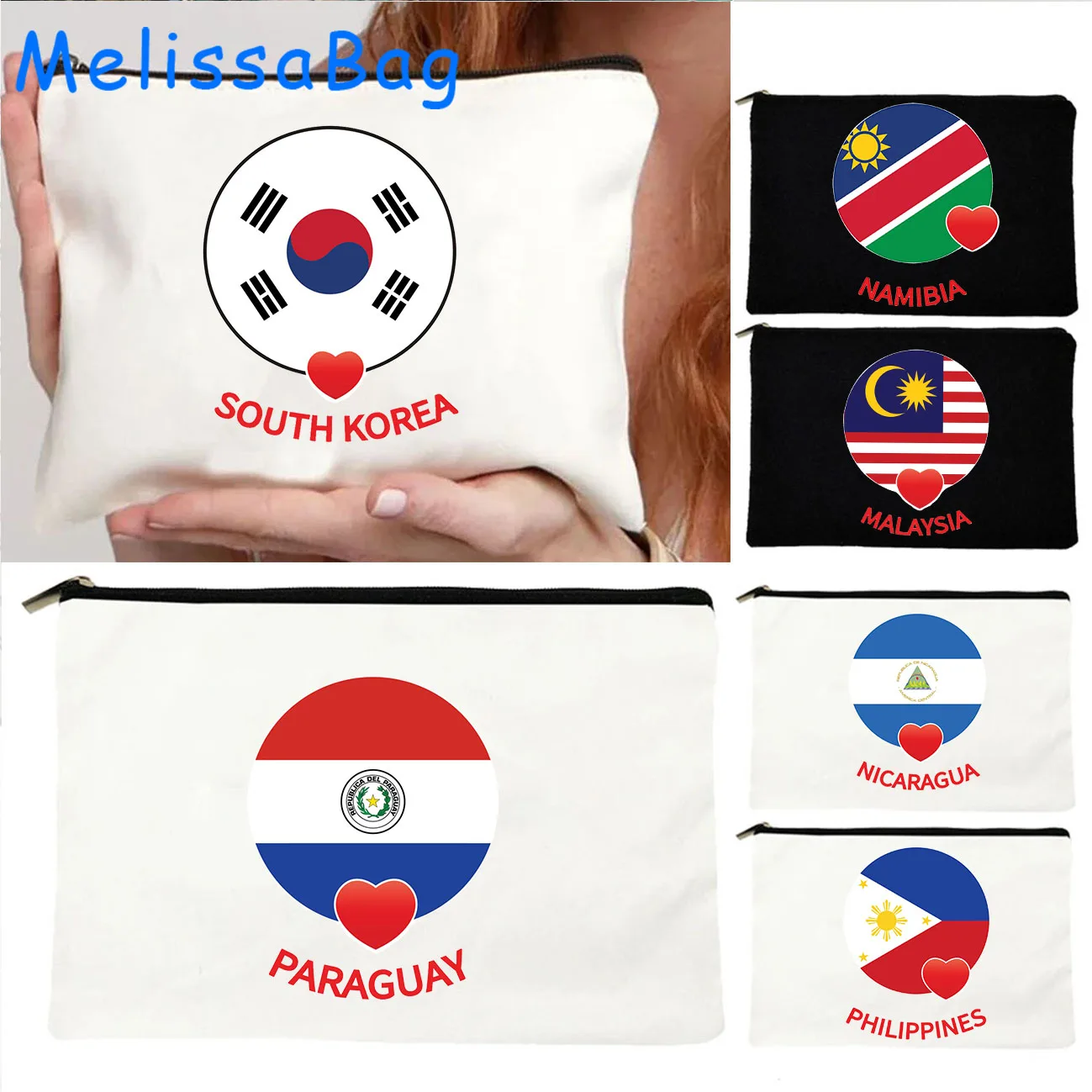 Malaysia Namibia Nicaragua Paraguay Philippines Singapore South Korea Brunei Heart Flag Cosmetic Makeup Bag Pencil Case Pouch