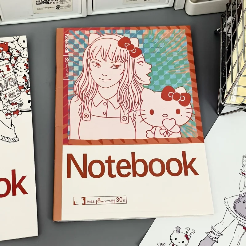 New Miniso Hello Kitty Junji Ito Jointly Notebook A4 Horizontal Line Hardshell Stationery Anime Kawakami Tomie Notebook Gifts