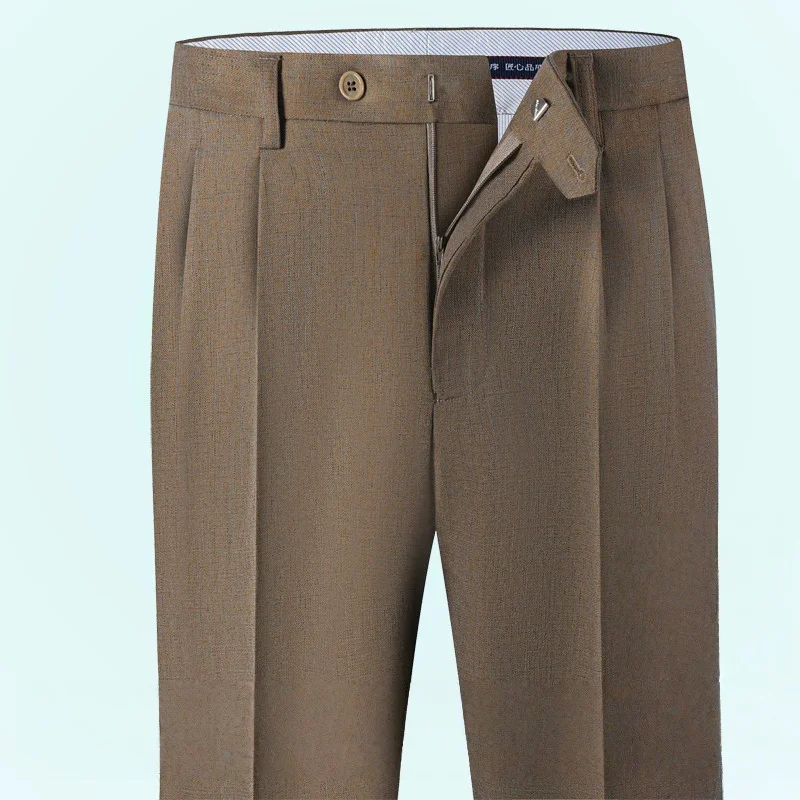 

High Waist Double Pleated Men's Linen Suit Pants Loose Straight Dress Trousers for Summer Wedding Formal Sizes 40 42 44