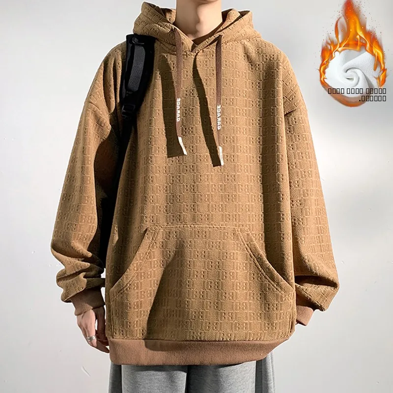 

Thiened Fce Hoodie Sweatirt for Teenage Boys Retro American Sle Autumn Winter Casual Loose Fit Hooded Jaet