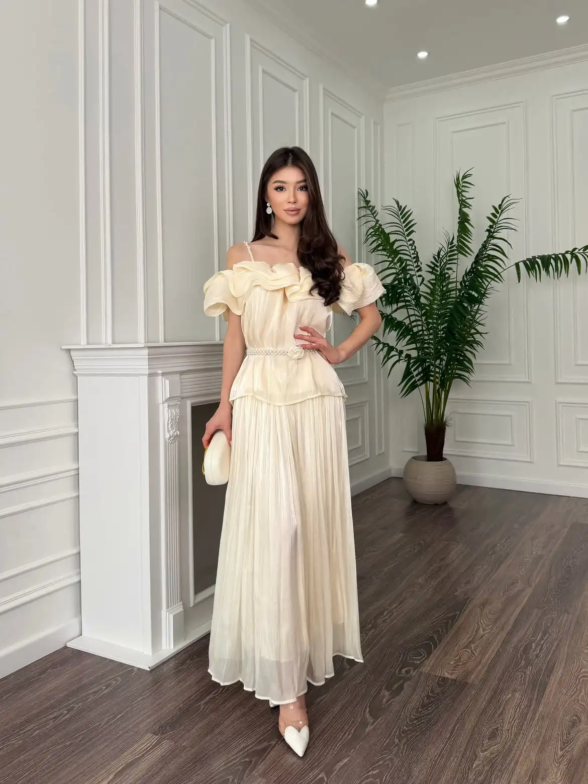Cream White Evening Two Piece Set Off Shoulder Ruffle Short Sleeve Thin Spaghetti Strap Matching Waist Belt With Pearl Flower De