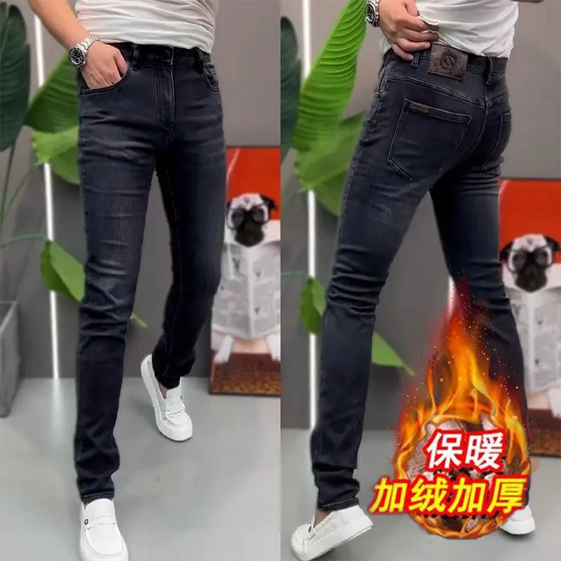 

2025 Streetwear New business casual Denim Trousers Fleece Men Clothes Black Gray Elasticity Warm Winter Jeans Velvet Jeans