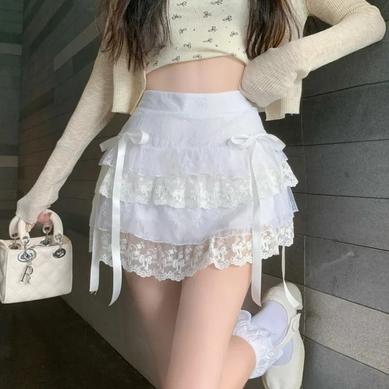 2024 Lolita Style Women minigonna a vita alta Bow Lace Fairy gonne coreano giapponese Kawaii Harajuku Y2k Sweet Faldas Mujer Moda