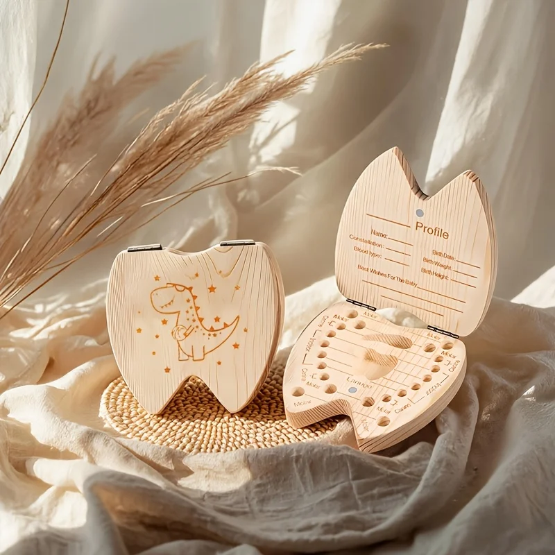 Wooden 2D Dinosaur Theme Tooth Keepsake Box Storage Teeth Fetal Hair Umbilical Cord Birth Souvenir 2D Flat Birthday Christmas