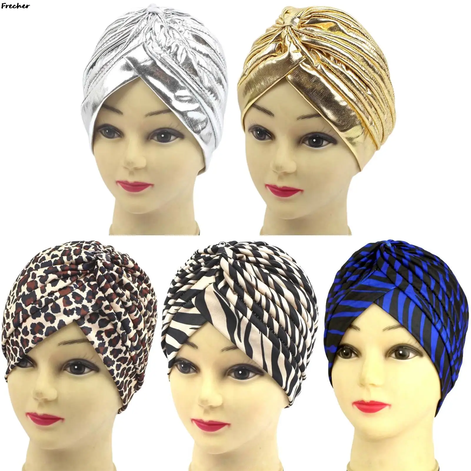 Indian Headwear Turban Caps African Muslim Hijab Head Wrap Fashion Headscarf Gold Silver Leopard Women Headband Hat Bonnet New