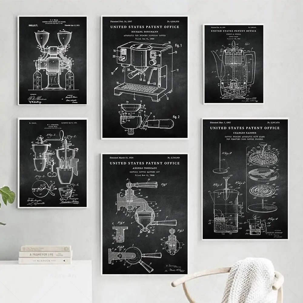Espresso Coffee Machine Patent Posters French Press Patent Print Canvas Painting Retro Wall Art For Cafe Kitchen Home Decoration