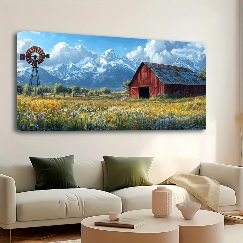 1.5 inch thick pine solid wood frame, large vintage murals, rural landscapes, natural canvas paintings of rural farmhouses