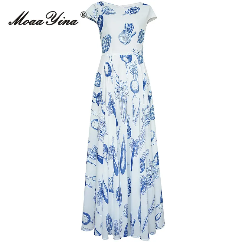 

MoaaYina Spring Fashion Designer Vintage Print Party Dress Women's O Neck Short Sleeve Holiday Party High Waist Slim Long Dress