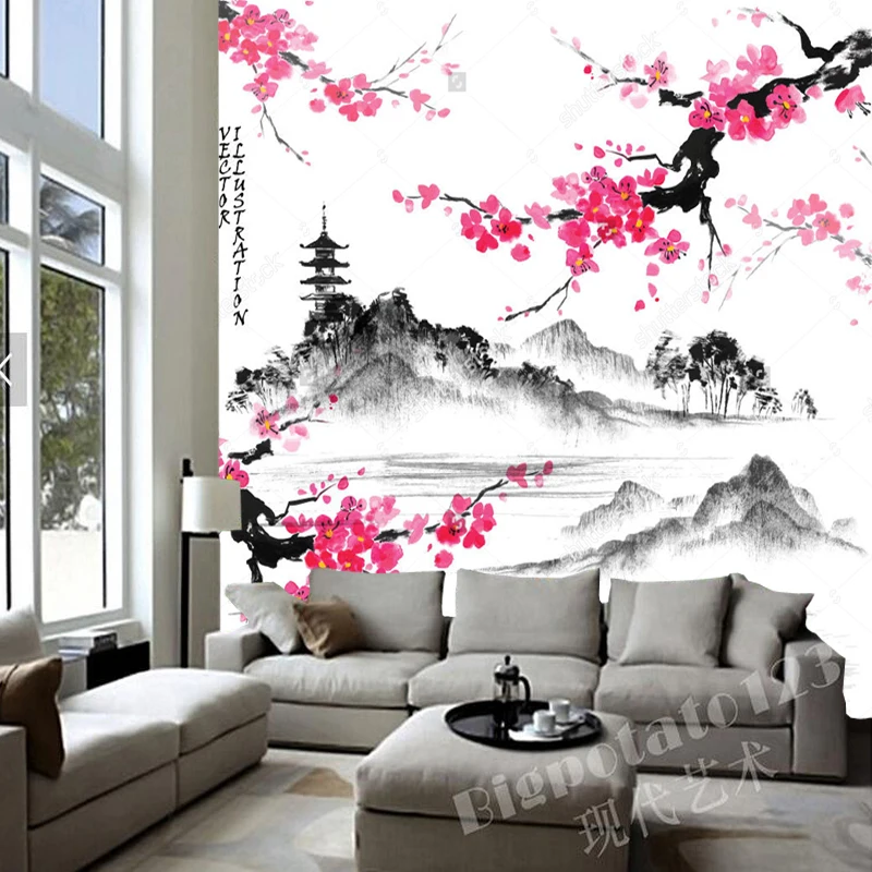 Customized product tower landscape wallpaper Landscape with pink sakura branches retro mural living room bedroom background wall