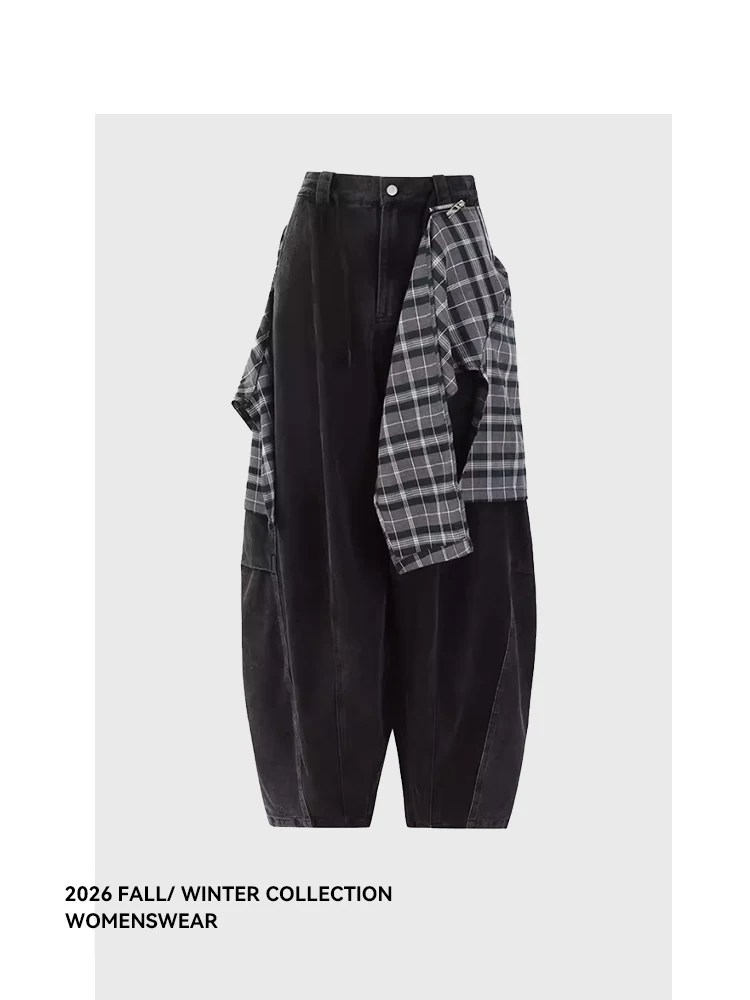 

Forever 21 American Retro Casual Detachable Plaid Apron Silhouette Jeans Women's Spring Long Trousers plus Size Ladies Jeans