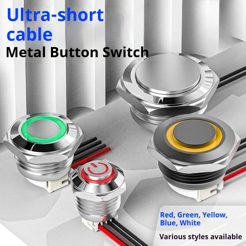12 16 19 22mm Metal High Head Self Resetting Ultra Short Thin Button With Power Mark Ring Light Micro Travel Push Button