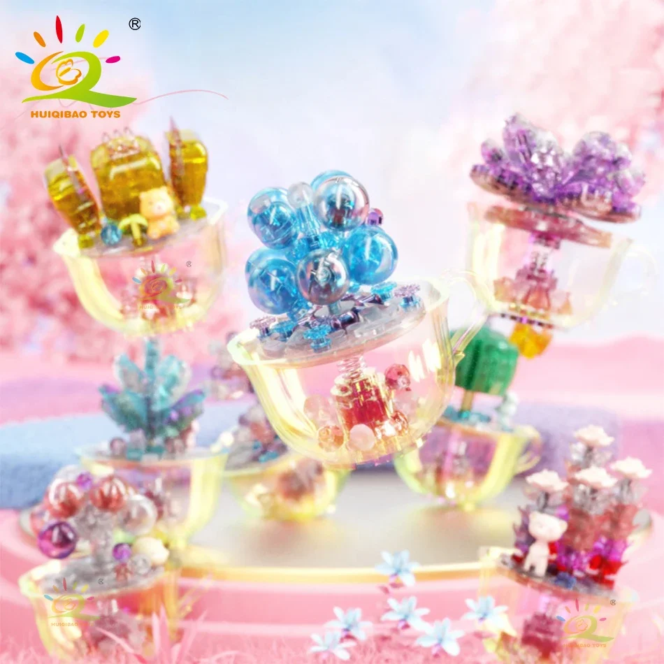 

HUIQIBAO Girls MINI Transparent Succulent Potted Plants Building Blocks City DIY Set Assembled Decoration Bricks Toys Children