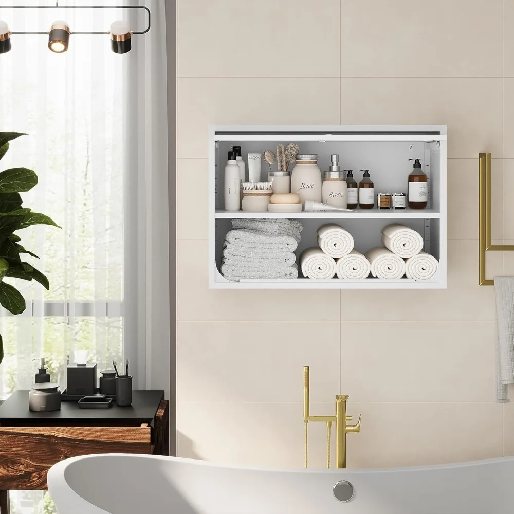 Gabinete de almacenamiento de metal blanco montado en la pared con estante y cerradura para garaje, almacén, uso doméstico