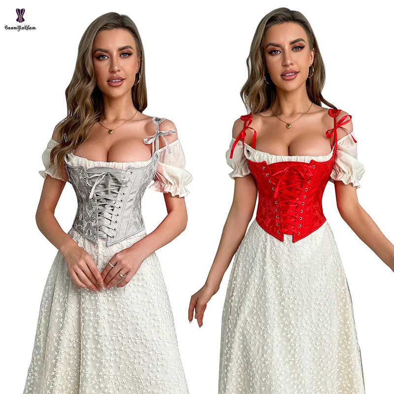 

9 Plastic Bones Supported Front Lacing Bandage Corselet Women Brocade Vintage Shoulder Strap Corset Vest Tank Top With Zipper