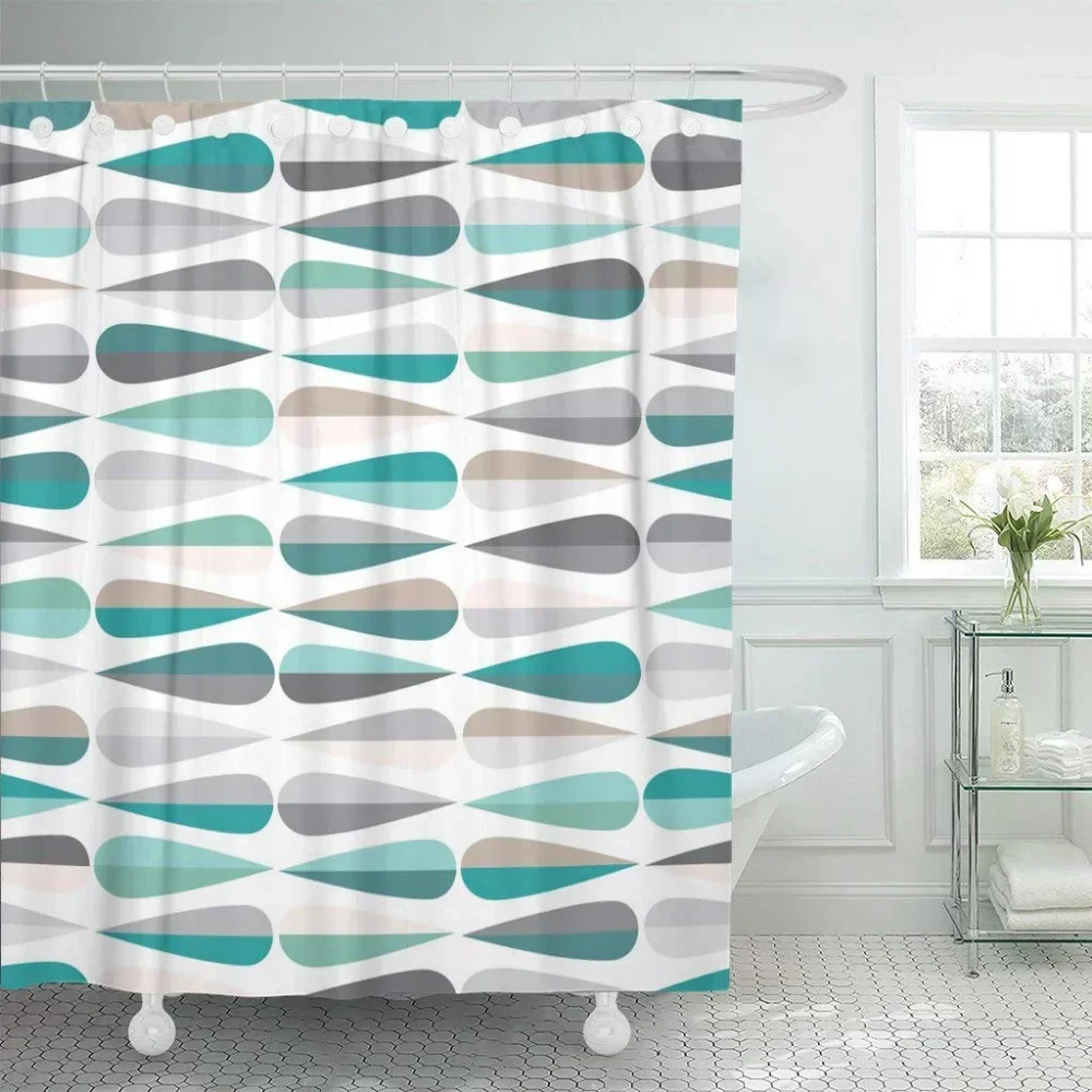 Color Geometric Shower Curtain Set Mid Century Modern Retro Drop Shapes Abstract Art Bathroom Polyester Fabric Curtains Hooks